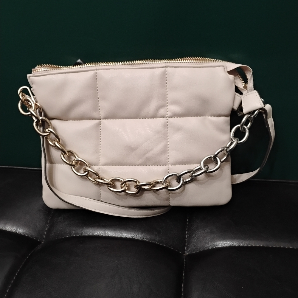 Kate Landry Vegan Leather Quilted Purse Two-Tone Chain Strap & Crossbody Beige